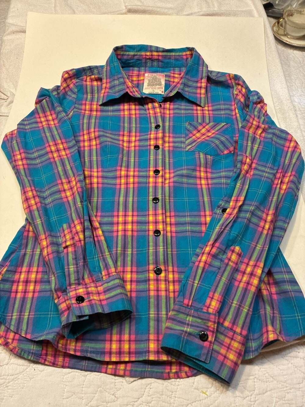 A Fine Mess Live Love Rock Multicolor Plaid Long Sleeve Button-Up Shirt